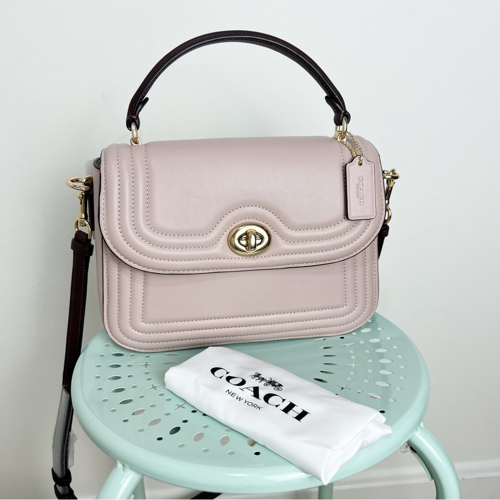 Coach Marlie Top Handle Satchel In Colorblock w/ Border Quilting Leather Tan New - Picture 4 of 15